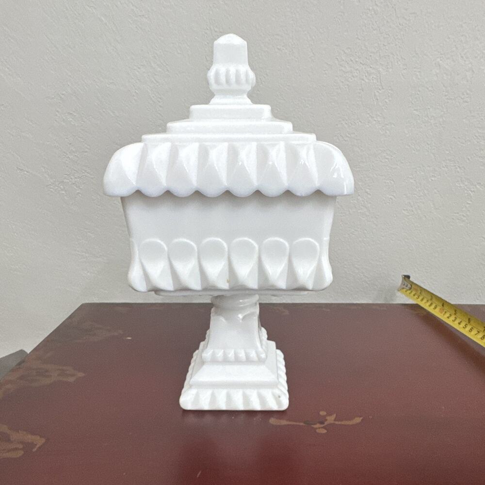 Westmoreland White Square Milk Glass Pedestal Candy Dish w/ Lid 10" Tall